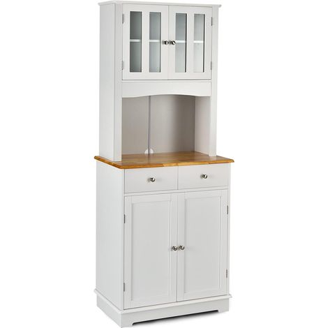 COSTWAY Mobile dispensa da cucina autoportante, Buffet con Piano in Legno, Credenza e 2 Cassetti, Ripiani Regolabili, Armadietto con Ante in Vetro, Spazio Aperto per Forno a Microonde, Bianco (1/5)
