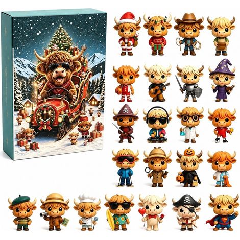 Calendrier de l'Avent 2026, vache des Highlands, boîte surprise pour le compte à rebours de Noël, figurine en PVC représentant un traîneau tiré par des vaches des Highlands. (1/5)