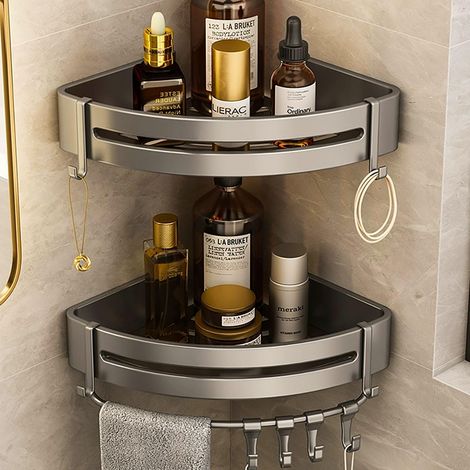 Etagere Douche sans Percage Salle de Bain en avec 8 Crochets étagère Perçage Rangement et Organisation 2 pièces Métal Gris (1/5)