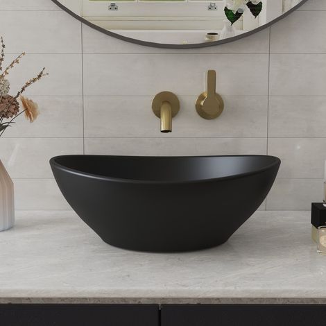 Deervalley – Vasque à poser ovale en céramique noire 40 x 33 cm – Surface mate résistante aux rayures – Installation facile au-dessus du comptoir - BAIN 40 X