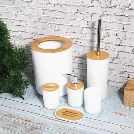 Ensemble de salle de bain 6 pièces en bambou et bois, poubelle, ensemble d'articles de toilette, exclusivité entrepôt à l'étranger, blanc. (1/5)