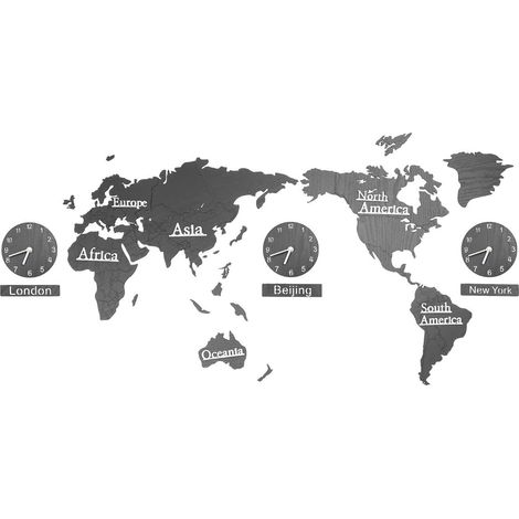 Horloge Murale Décorative Carte du Monde en Bois, 3 Fuseaux Horaires, Fond Noir Mat, sans Pile, pour Bureau et Salon Moderne, Design Artistique et Fonctionnel (1/5)