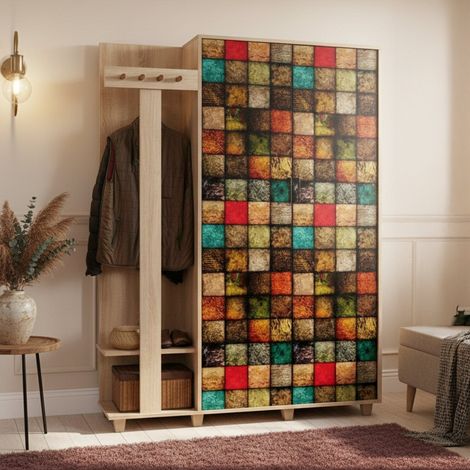 Dmora - Mobile da ingresso Liana, Entratina appendiabiti, Composizione per atrio, Consolle portaoggetti multifunzione, 135x36h194 cm, Quercia e Multicolore (1/5)