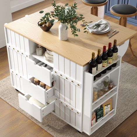 Meuble de cuisine sur roulettes avec plateau rabattable, 110 x 42 x 90 cm, blanc HAVRYA (1/5)