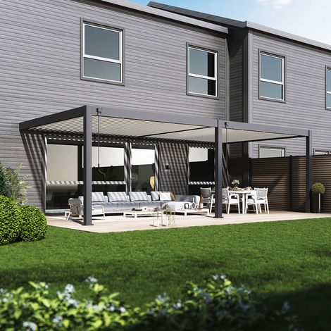 Pergola bioclimatique adossée 7,5x3,7m en anthracite et blanc - LENOX