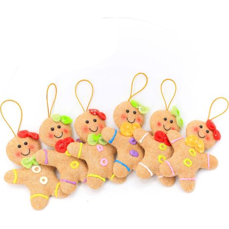 MINKUROW 12 cm Weihnachtsbaumschmuck, 6 Stück Plüsch-Lebkuchenmann-Ornamente, traditioneller Weihnachts-Lebkuchenmann zum Aufhängen, Weihnachtsfigur mit verschiedenen Schleifen (1/3)