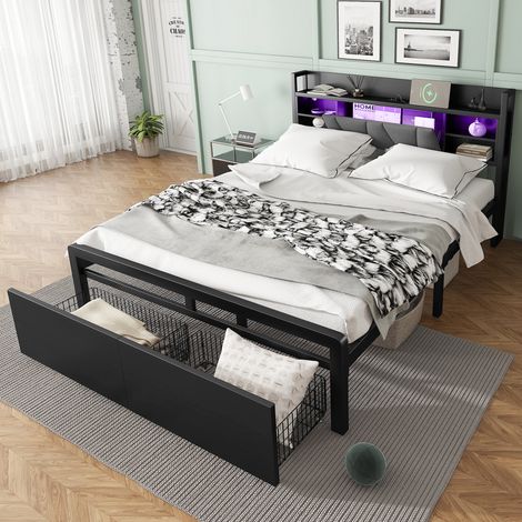 Metal Bed, Iron Bed, 4ft6 double bed 135×190cm, With multi-color LED strip lights and charging port: 2 A-type and 1 C-type, Two drawers with wheels, Soft-padded headboard with storage space, Black