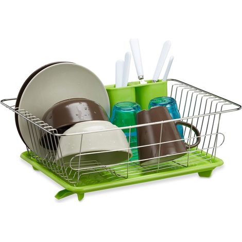 Égouttoir vert en acier inoxydable, avec bac plastique, porte-couverts, hxlxp: 15,5x40x30cm, vert/argenté (1/5)