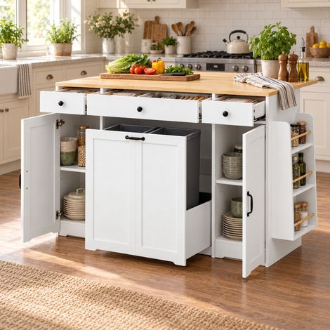 Buffet à 3 tiroirs, 2 portes et plateau couleur bois pour cuisine et salle à manger, (Blanc) (1/5)