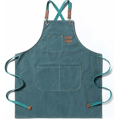 Tablier de chef, tablier de jardinage en toile de coton avec grandes poches pour hommes et femmes, bavoir de cuisine, tablier de jardinage réglable et résistant - Vert (1/4)