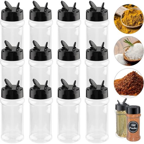 Set de 12 récipients pour épices avec couvercles shaker : Ensemble de 12 bouteilles à assaisonnement vides, couvercles papillon à visser étanches, rangement pour épices sèches pour cuisine maison, cam (1/5)