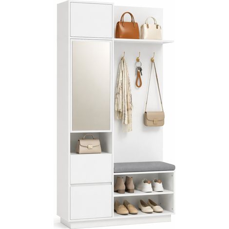 Garde-robe d'entrée compacte avec miroir, banc à chaussures, patères, meuble à chaussures et rangements, en MDF blanc, 2 colis – CHICFURN (1/5)