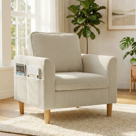 Fauteuil de salon en velours côtelé. canapé 1 place rembourré avec assise large et coussin à ressorts. 83x74x87cm. beige