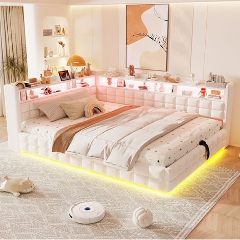 Lit coffre 140x200 cm avec rangement hydraulique, LED, prises USB et Type-C, velours beige DESVIAE (1/5)