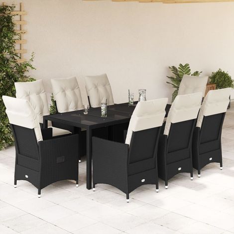 Ensemble repas de jardin 9 pièces en rotin PE noir avec table en verre et fauteuils inclinables - PANGIVO (1/5)