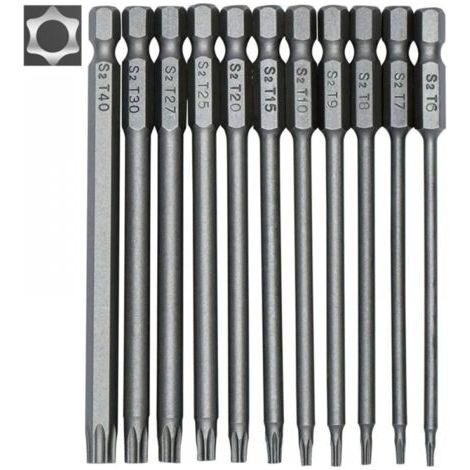 Jeu d'embouts de tournevis longs 11 pièces - embouts magnétiques - tige hexagonale 1/4" - tailles T6 à T40 - longueur 100 mm (1/5)