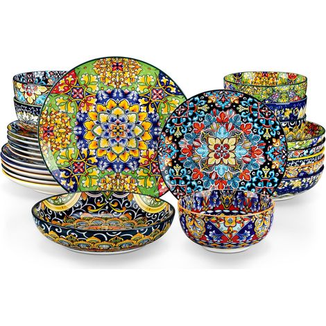 Série SIMI Service de Table Vaisselle en Porcelaine - Assiettes Plates, Assiettes à Dessert, Bols à Pâtes et Bols à Céréales, Style Bohème (1/5)