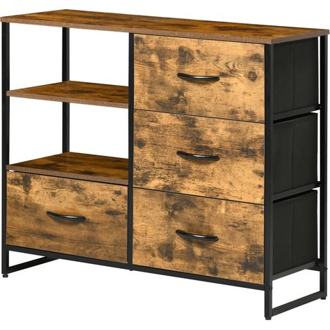 Cómoda 4 cajones tela plegable 2 estantes industrial 84x30x71.5 cm Marrón Rústico