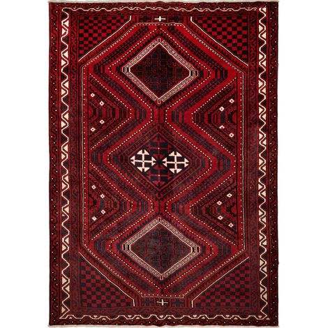 Tapis d'orient, 220 x 307 cm, oriental, rouge, crème et noir, noué main en laine, authentique et chaleureux (1/5)
