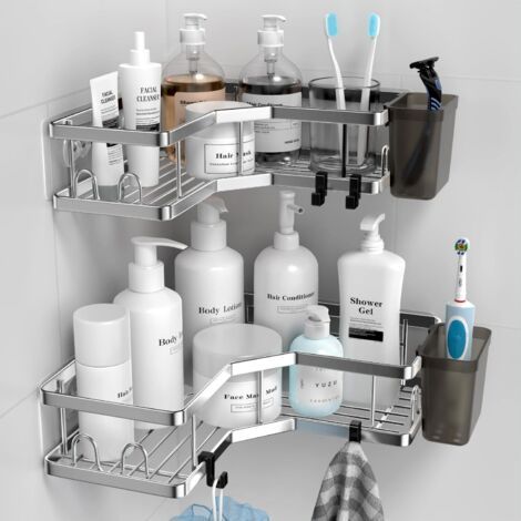 Lot de 2 équerres d'angle autocollantes - Acier inoxydable - avec 4 crochets et 2 supports pour dentifrice - Argent (1/5)