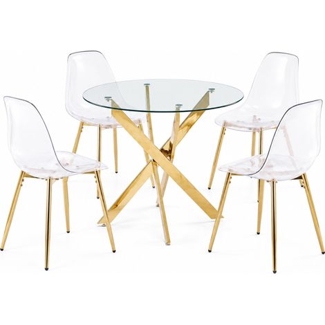 CHICFURN Conjunto de comedor 5 piezas 1 mesa 4 sillas dorado metal asiento transparente moderno (1/5)