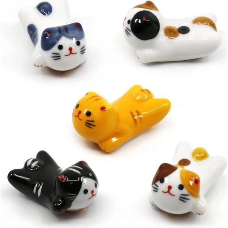 Juego de 5 piezas de palillos y cubiertos de cerámica con forma de gato, diseño adorable (multicolor) (1/5)