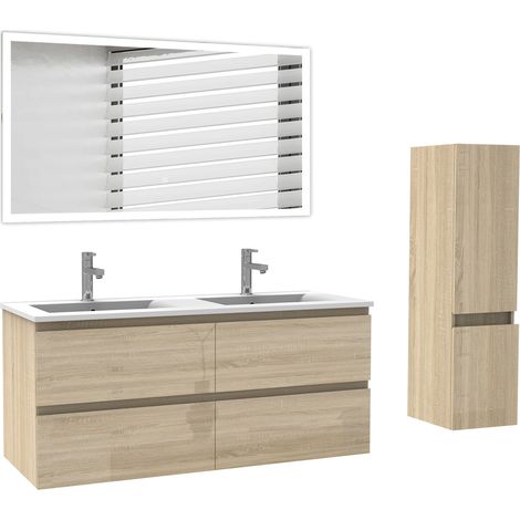 Ocean Ensemble de Meuble salle de bain 120cm Chêne Haut Brillant, miroir led + colonne 110cm (1/5)