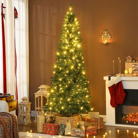 Sapin de Noël artificiel de 210 cm avec lumières blanches et multicolores intégrées (9 modes) et 1273 branches ignifugées, sapin dense et réaliste avec base métallique pliable pour la maison