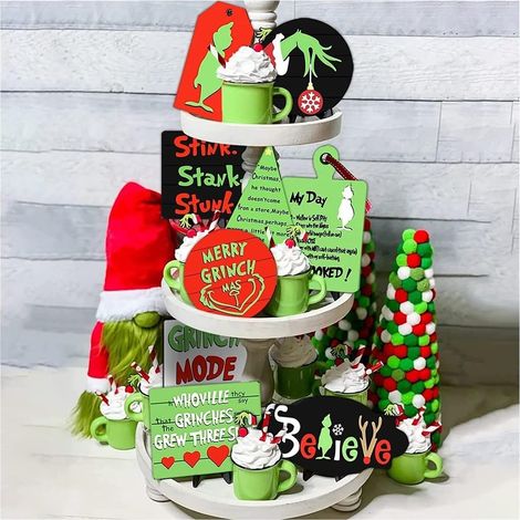 9-teiliges Grinch-Tablett-Dekor-Set, Bauernhaus-Grinch-Holzschild-Dekoration, grüner Weihnachtsbaum, Grinch-Holzschilder, Dekoration, abgestuftes Tablett, lustige Weihnachtsornamente für den Innenbere (1/5)