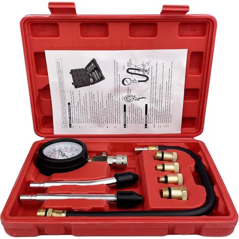 Testeur Compression, Moteurs Testeur de Compression, 0-21 Bar, 0-300 Psi avec 4 Adaptateurs M10 M12 M14 M18, Kit D'outils de Manomètre avec Boîtier Plastique pour Moteurs Essence et Diesel (1/4)