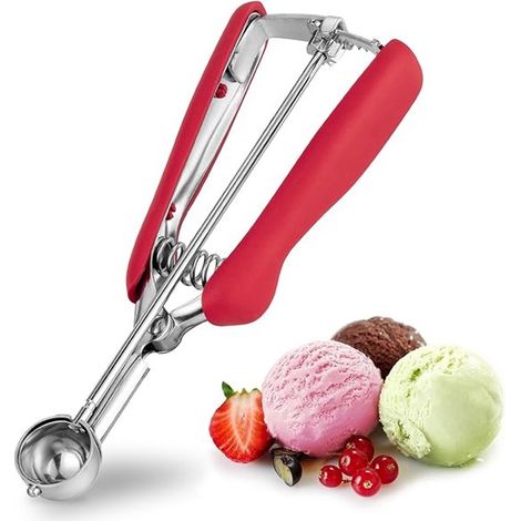 Cuillère à glace professionnelle en acier inoxydable – Manche antidérapant – Revêtement antiadhésif – Pour glace, sorbet et melon – Rouge (1/5)