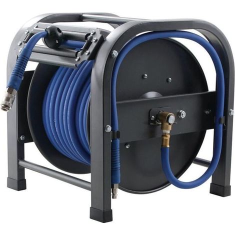 Enrouleur pneumatique 30m – Acier peint – Retour automatique – Flexible en mesh PU – Dispositif de blocage robuste – (1/5)