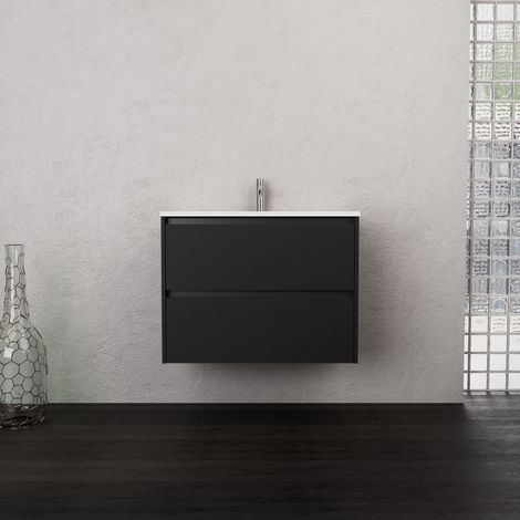 Inda - Badezimmerschrank 2 Schubladen B.80 mit mattiertem Waschbecken / Mattschwarz - Smeraldo
