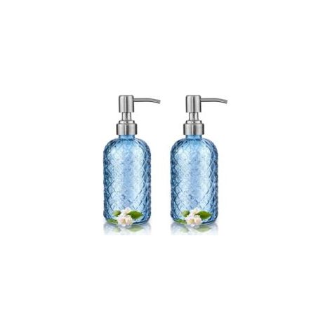 Set con 2 Seifenspendern aus Glas, 350 ml, azul, mit Pumpe aus Edelstahl 304, nachfüllbar für Bad und Küche - Crezuo (1/4)