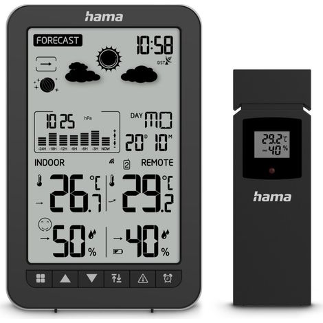 STATION MÉTÉO ''KO SAMUI'', AVEC SONDE EXTÉRIEURE, RADIO, RÉVEIL, NOIR HAMA (1/3)