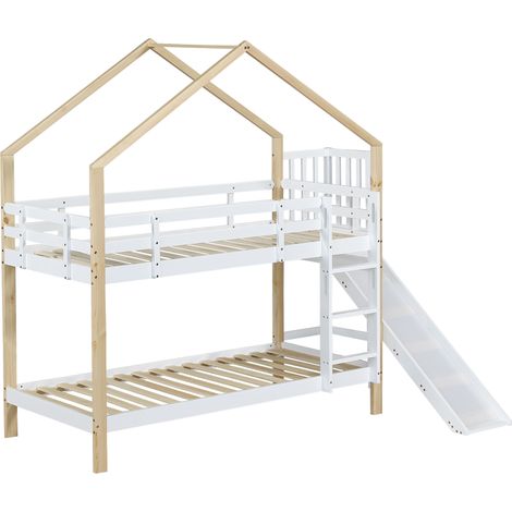 Haus-Etagenbett mit Rutsche, 3-stufige Leiter, 90x200 cm, weiß und naturfarben (1/5)
