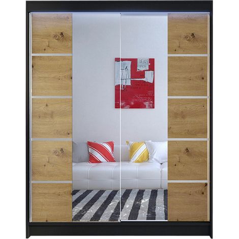 Armario Closico Vastor V, Negro + Roble Artisan, 200x150x58cm, Puertas de armario: Correderas, Número de estantes: 5, LED