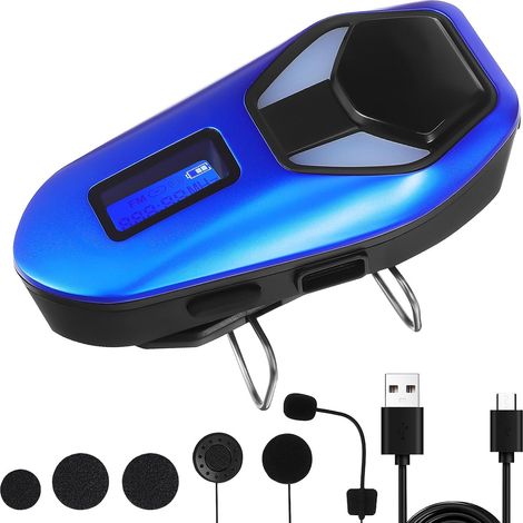 Écouteurs pour Casque de Moto sans Fil 6.0 Ip65 Bleu Abs Capacité 800 Mah, Lumières LED Visibles, Format Portable pour Usage Mobile (1/5)
