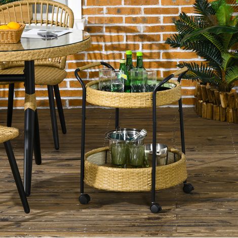 Carrello di servizio rotondo Ø50 x 66 cm in rattan giallo con 2 ripiani, ruote con freno e maniglie (1/5)