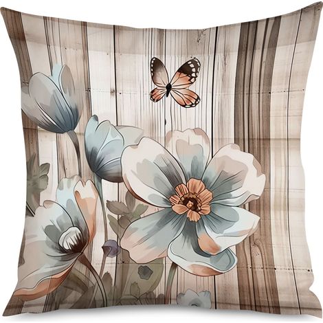 Housse de Coussin décoratif fleurs roses sur bois clair, 40x40 cm (1/5)