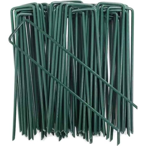 100pcs Piquets de Fixation en Acier Galvanisé, Ancrage au Sol de Jardin en Forme de U pour Toile de Paillage, 150x25mm, Ø 3mm, Vert