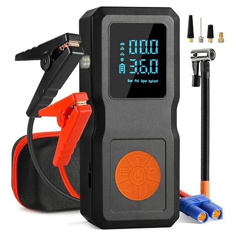 Démarreur de batterie de voiture avec compresseur d'air, kit de démarrage portable adapté aux véhicules à essence et diesel de 1,5 à 8 L (toutes les batteries 12 V), gonflage rapide des pneus et (1/5)