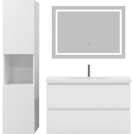 Ocean Ensemble meubles Salle De Bain 80cm vasque + colonne + miroir Blanc