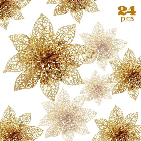 Fiori di Natale, 24 pezzi di fiori di Natale glitterati, fiori di Natale cavi glitterati, decorazioni artificiali per albero di Natale con stella di Natale, decorazioni per matrimoni, feste, Natale (o (1/5)