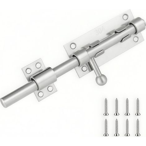 Serrure de porte en acier inoxydable argentée – Serrure portail extérieur – Verrou de porte – Longueur 200 mm – Verrou – Verrou porte intérieure – Loquet porte – Adapté pour portes, fenêtres, clôtures (1/5)