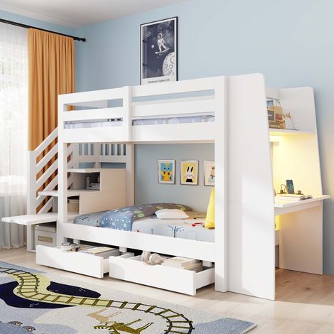 DESMIU Lit Mezzanine 90 × 200 cm avec Bureau, Escalier Rangement, LED Réglable et Prise, sans Matelas, Bois Blanc (1/5)