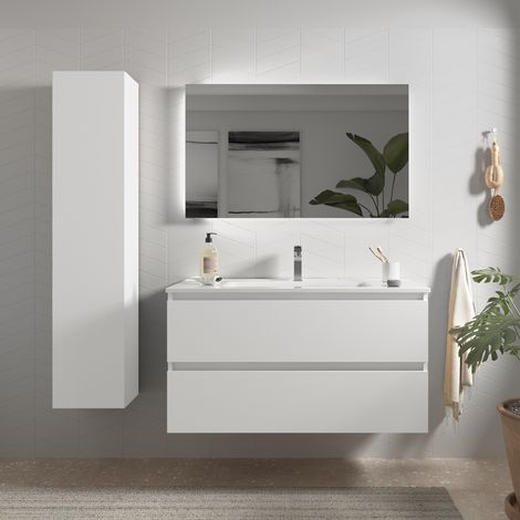 Mueble de baño Bequia 100 cm Blanco Mate con Lavabo de porcelana (1/6)