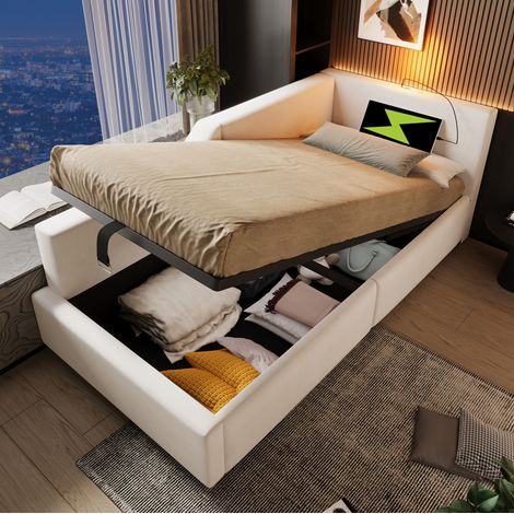 Cama dormitorio juvenil con almacenamiento y USB beige OKMYHOME (1/5)