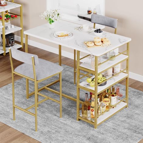 Petite Table De Cuisine pour 2 Personnes, Ensemble Table De Bar Et Chaises avec 3 éTagèRes, Table à Manger Haute avec Chaises RembourréEs en PolyuréThane pour La Maison Et l'Appartement (1/5)