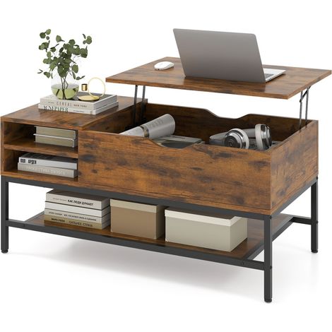Couchtisch mit Hebemechanismus und verstecktem Stauraum, braunes Holz